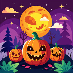 Happy halloween orange background with pumpkins with cut out faces and glowing eyes. Falling celebration confetti and spider web. Realistic vector illustration.