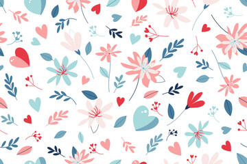 floral seamless pattern valentine with hearts, cute decor for paper packaging, textile, fabric, cover, clothing, backgrounds, vector