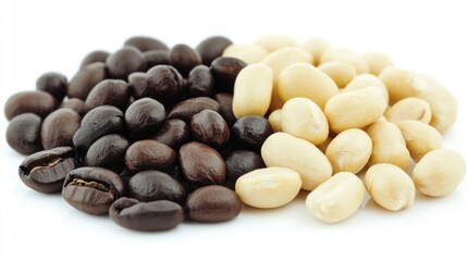 A close-up of various types of coffee beans, showcasing different roasts and colors.