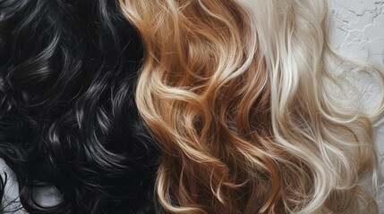 Naklejka premium Wavy hair strands in black, brown, blonde colors, showcasing texture and shine