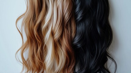 Fototapeta premium Hair strands in three colors: brown, blonde, black, showcasing texture and waves