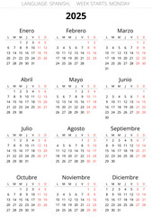 2025 vertical spanish calendar. Png transparent illustration for Spain