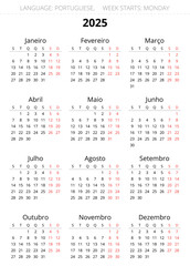 2025 vertical portuguese calendar. png transparent vector illustration for Portugal