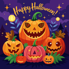 Happy halloween orange background with pumpkins with cut out faces and glowing eyes. Falling celebration confetti and spider web. Realistic vector illustration.