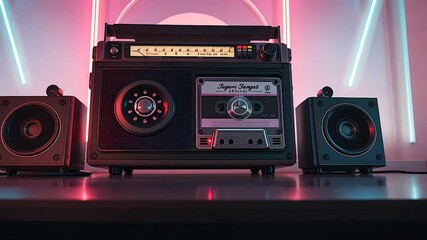 A Digitally Rendered Boombox with Speakers and Cassette Captures the Spirit of Retro Audio, apturing the essence of 80s music culture and the iconic cassette era.