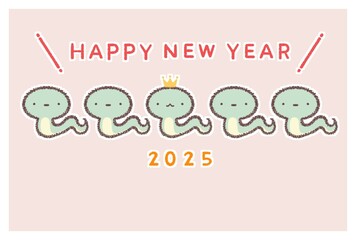 王冠をかぶったヘビと四匹のヘビ2025年賀状横