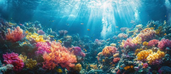 Vibrant coral reef with sunlight streaming through the water.