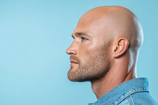 A profile portrait of a bald man with a well-defined jawline and beard, set against a light blue background.