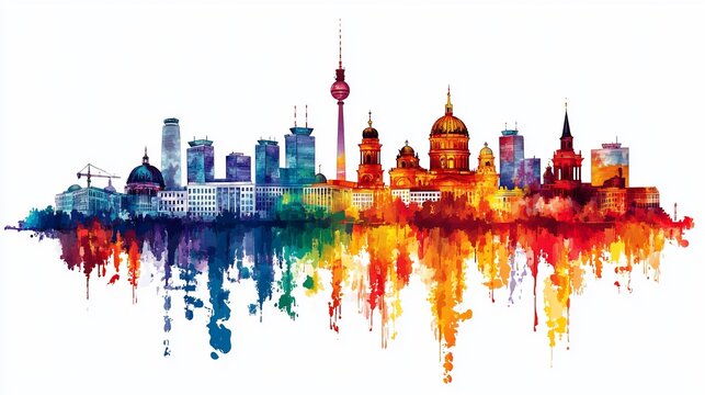 Colorful watercolor skyline of a city with a television tower and buildings.