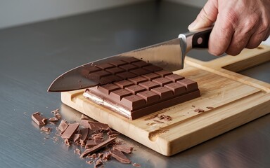 hand cut chocolate bar with steel knife on cutting board