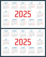 calendar for 2025 starts sunday and monday, vector calendar design 2025 year