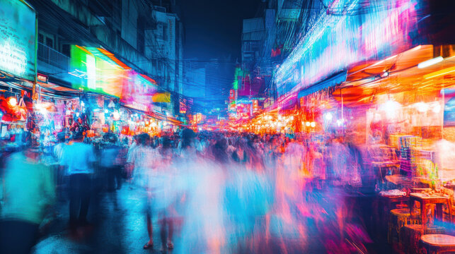 A bustling night market in Southeast Asia,  neon lights glowing through a slight motion blur and rich, oversaturated tones