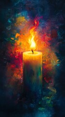 A single candle burns brightly against a background of colorful abstract paint.