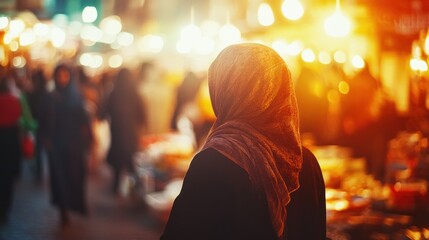 woman in a traditional hijab shopping at a busy street market, rich, vibrant tones and glowing light flares 