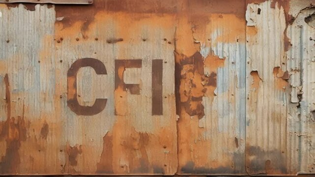 Aged corrugated metal wall with peeling paint and letters cfi, featuring brown, orange, and gray hues. Rough, damaged texture adds vintage charm, perfect for abstract designs