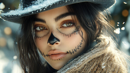 A woman stands confidently, showcasing intricate Day of the Dead facial paint with snowflakes gently falling around her. The scene captures the essence of this cultural celebration