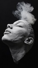 Sculpted face with ethereal smoke rising against a dark background, AI