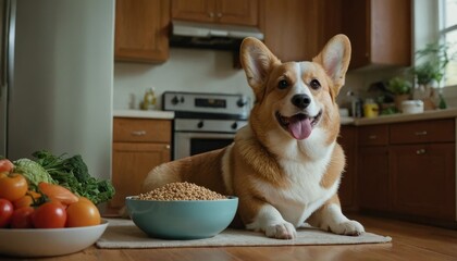 A Corgi sits next to a bowl of nutritious food made from fresh ingredients, emphasizing a healthy, balanced diet for dogs