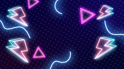 Obraz premium Abstract retro style 80s-90s design lightning shape memphis vintage background. Geometrical shapes. Bright glowing neon lights. Party concept
