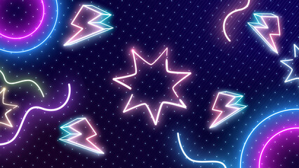 Obraz premium Abstract retro style 80s-90s design lightning shape memphis vintage background. Geometrical shapes. Bright glowing neon lights. Party concept