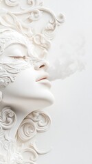 Ethereal face adorned with intricate white floral patterns exhaling mist, AI