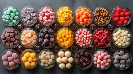 Assorted Candies and Sweets in Glass Bowls on a Grey Surface