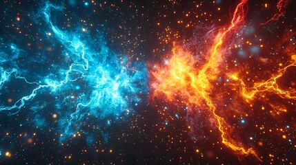 Digital abstract background wallpaper in random waves and flames with orange and blue colors, futuristic wallpaper design illustration