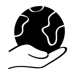 Hands holding the world in glyph style. Global Awareness icon in glyph style. Care and Responsibility icon in glyph style
