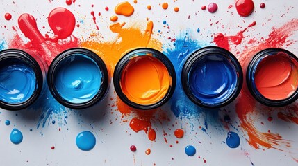 Colorful paint jars with vibrant splashes on a white background.