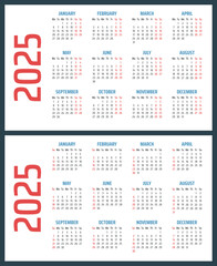 calendar for 2025 starts sunday and monday, vector calendar design 2025 year