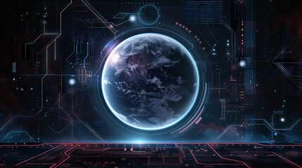 Global fintech innovation: digital diagram featuring a futuristic planet hologram