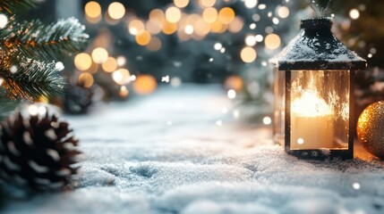 Snowy lantern scene with glowing candle and festive bokeh lights, AI