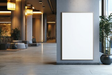 Modern hotel lobby featuring a blank frame on the wall and elegant lighting during daytime