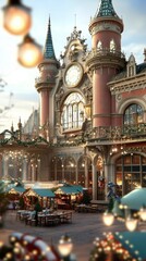 Fototapeta premium Festive European market square adorned with twinkling lights and holiday decor, AI