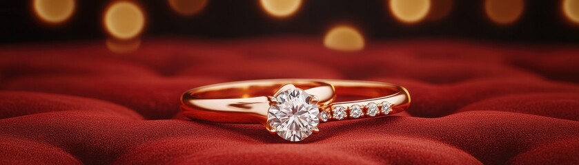 Elegant diamond ring on crimson fabric, perfect for showcasing luxury and romance in jewelry photography.