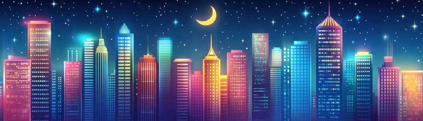 Vibrant city skyline at night with colorful buildings and a crescent moon, ideal for urban and nightlife themes.