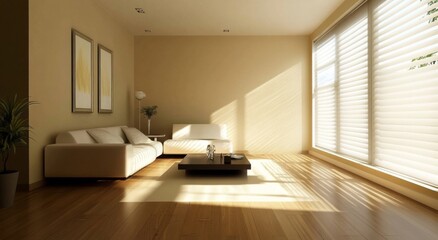 Elegant minimalist living room featuring beige walls, wooden flooring, and modern furniture, showcasing a neutral tone palette for a sophisticated interior design concept.
