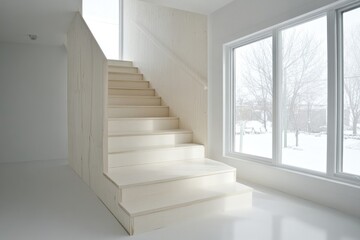 Obraz premium White wooden staircase in a modern home. Ideal for interior design, architecture, and home improvement projects.