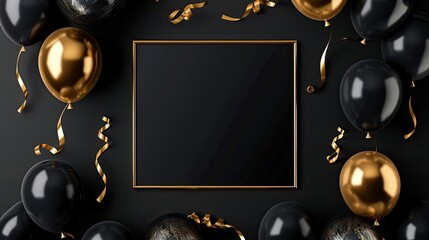 Blank square frame with golden and black balloons