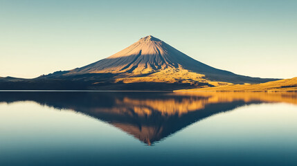 Volcanic Mountain in Morning Light Reflected in Calm Waters of Lake: A serene morning view of a volcanic mountain reflected in the calm waters of a lake, with soft light highlighting the natural