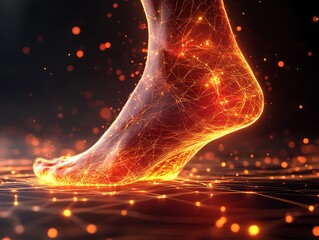 Digital illustration of human foot high tech design in orange and black theme