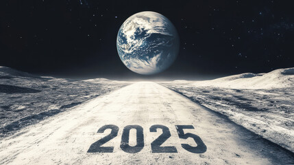 A road with a planet in the background and the number 2025 written on it