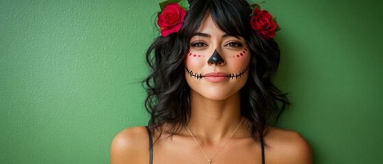 Naklejka premium The woman showcases traditional Day of the Dead face paint, complemented by red roses in her hair, embodying the spirit of the festivities with a joyful expression