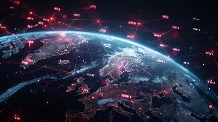 Digital globe representing global data technology with interconnected network nodes surrounding planet Earth – abstract futuristic design of digital communication and global connectivity.