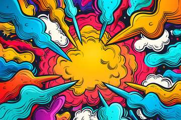 A vibrant explosion of colorful smoke and clouds with dynamic swirling patterns in yellow, blue, and pink hues, creating an energetic feel.