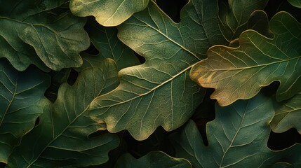 A detailed illustration of oak leaves, showcasing their unique textures and colors