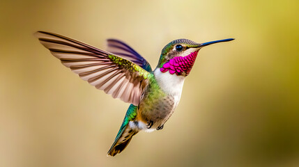 Fototapeta premium A colorful hummingbird in mid-flight, showcasing its iridescent feathers and delicate wings.