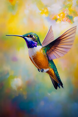 Fototapeta premium A colorful hummingbird in mid-flight, showcasing its iridescent feathers and delicate wings.