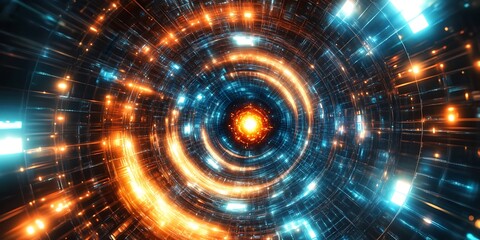 Obraz premium Spherical futuristic digital design of orange and blue wallpaper glowing, 3d render abstract background