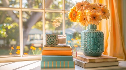 A bright and organized workspace featuring notebooks and modern technology essentials